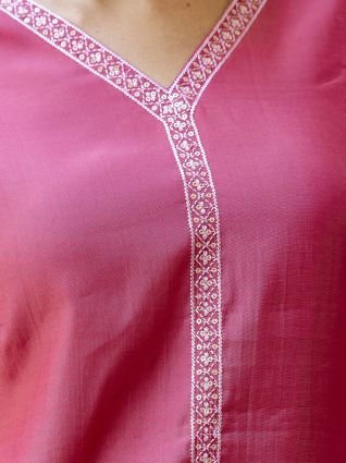 Pink Floral Embroidered Straight Kurta With Trouser And Dupatta