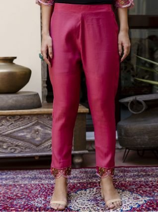 Pink Floral Embroidered Straight Kurta With Trouser And Dupatta