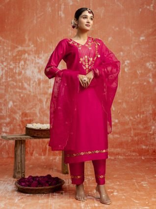 Pink Floral Yoke Design V Neck Sequinned Straight Kurta With Trousers   Dupatta