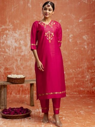 Pink Floral Yoke Design V Neck Sequinned Straight Kurta With Trousers   Dupatta