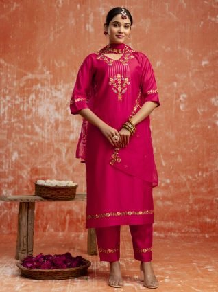 Pink Floral Yoke Design V Neck Sequinned Straight Kurta With Trousers   Dupatta