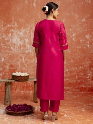 Pink Floral Yoke Design V Neck Sequinned Straight Kurta With Trousers   Dupatta