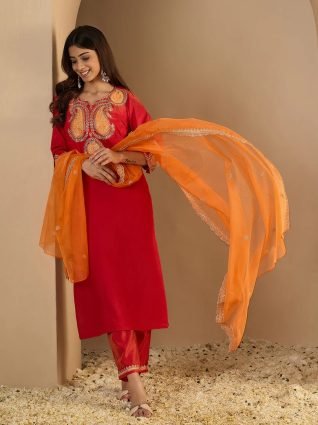 Pink Silk Blend Straight Suit Set With Dupatta