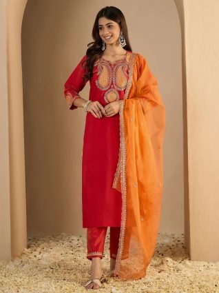 Pink Silk Blend Straight Suit Set With Dupatta