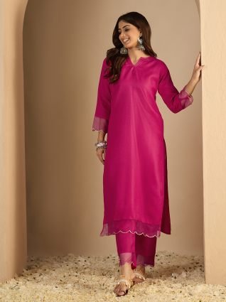 pink Women Cotton Blend Kurta Pant Set