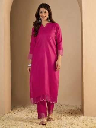 pink Women Cotton Blend Kurta Pant Set