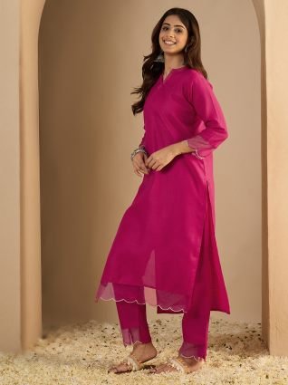 pink Women Cotton Blend Kurta Pant Set