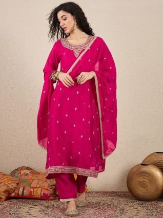 Pink Women Embroidery Anarkali Kurta Pant and Dupatta Sets