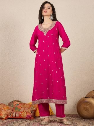 Pink Women Embroidery Anarkali Kurta Pant and Dupatta Sets