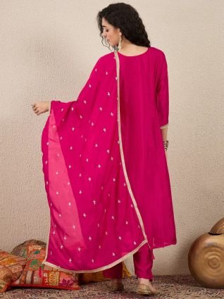Pink Women Embroidery Anarkali Kurta Pant and Dupatta Sets