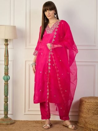 Pink Women Kurta Sets With Dupatta Straight Suits
