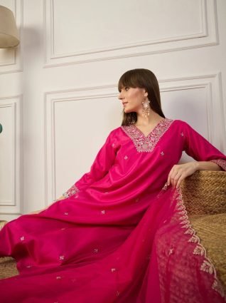 Pink Women Kurta Sets With Dupatta Straight Suits