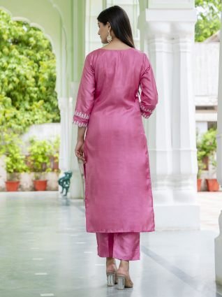 Pink Women s Silk Blend Embroidered Kurta with Pant   Dupatta Set