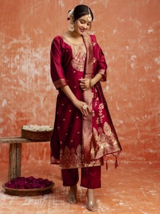 Premium Kurta Set with Bottom and Dupatta Zari Work Comfortable Stylish