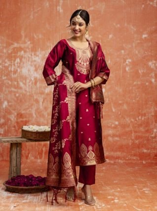 Premium Kurta Set with Bottom and Dupatta Zari Work Comfortable Stylish