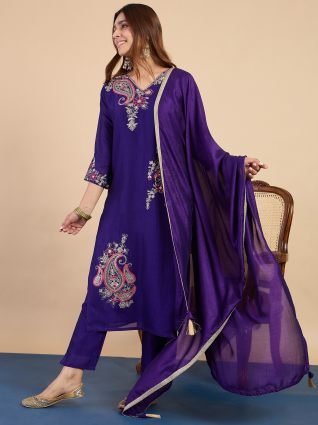 Purple Embroidered Kurta Pant Set