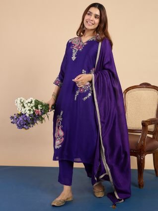 Purple Embroidered Kurta Pant Set