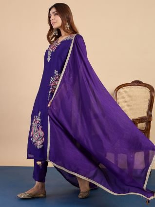 Purple Embroidered Kurta Pant Set