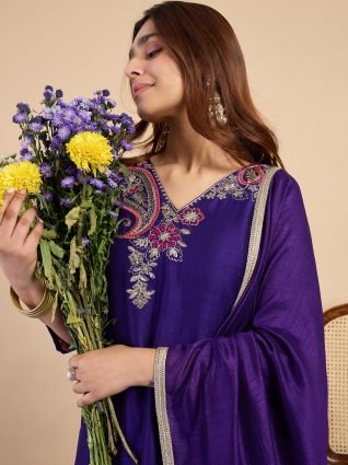 Purple Embroidered Kurta Pant Set