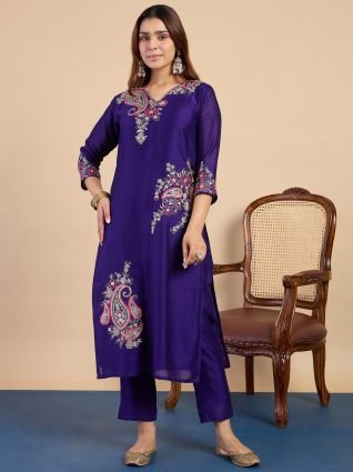 Purple Embroidered Kurta Pant Set