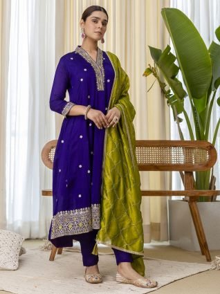 Purple Festive Thread Work Straight Kurta Set