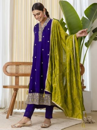 Purple Festive Thread Work Straight Kurta Set