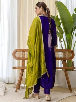 Purple Festive Thread Work Straight Kurta Set