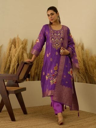 Purple Silk Blend Embroidered Straight Kurta Set with Trousers   Dupatta