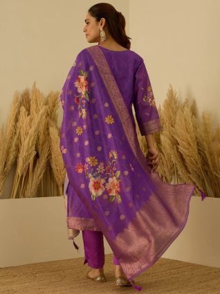 Purple Silk Blend Embroidered Straight Kurta Set with Trousers   Dupatta