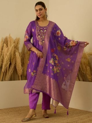 Purple Silk Blend Embroidered Straight Kurta Set with Trousers   Dupatta