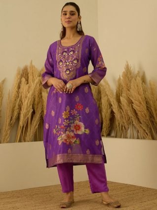 Purple Silk Blend Embroidered Straight Kurta Set with Trousers   Dupatta