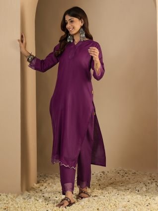 Purple Women Cotton Blend Kurta Pant Set