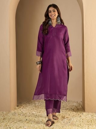 Purple Women Cotton Blend Kurta Pant Set