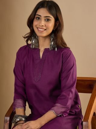 Purple Women Cotton Blend Kurta Pant Set