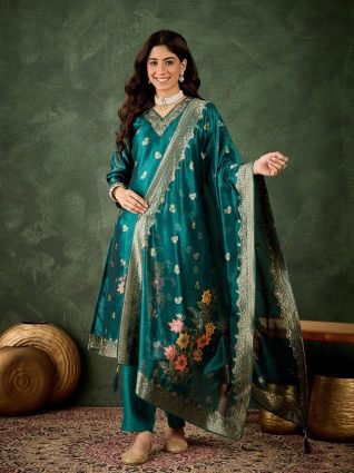  rama Embroidered Silk Blend Organza Meenakari Straight Suits With Dupatta