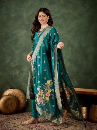 rama Embroidered Silk Blend Organza Meenakari Straight Suits With Dupatta