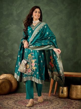 rama Embroidered Silk Blend Organza Meenakari Straight Suits With Dupatta