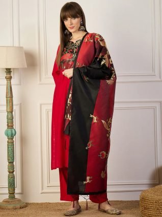 Red and Black Cotton Silk Blend Kurta Set With Jacquard Woven Meenakari Dupatta