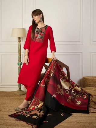 Red and Black Cotton Silk Blend Kurta Set With Jacquard Woven Meenakari Dupatta