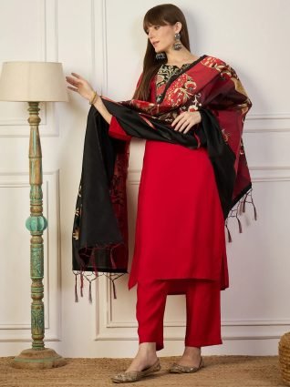 Red and Black Cotton Silk Blend Kurta Set With Jacquard Woven Meenakari Dupatta
