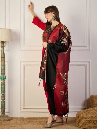 Red and Black Cotton Silk Blend Kurta Set With Jacquard Woven Meenakari Dupatta