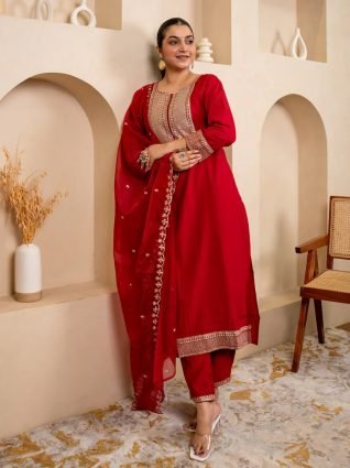 Red Embroidered Silk Blend Suit Set With Dupatta