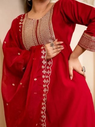 Red Embroidered Silk Blend Suit Set With Dupatta