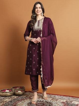 Royal Plum Embroidered Silk Blend Kurta Pant Set with Dupatta