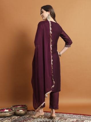 Royal Plum Embroidered Silk Blend Kurta Pant Set with Dupatta