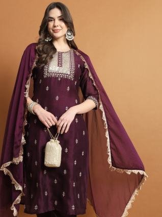 Royal Plum Embroidered Silk Blend Kurta Pant Set with Dupatta