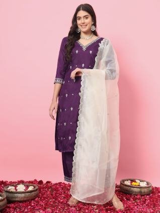 Royal Purple Pearl Embroidery Kurta Pant Set