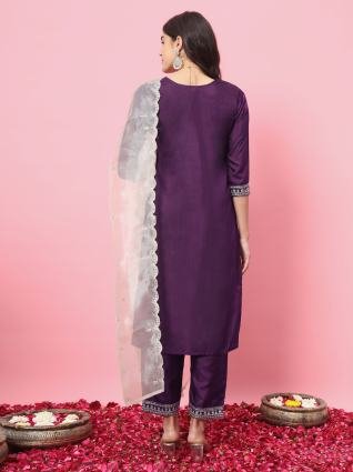Royal Purple Pearl Embroidery Kurta Pant Set