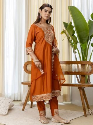  Rust Embroidred Kurta Sets with Sequins Work Women Suits