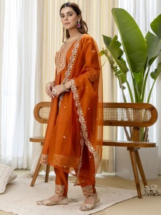 Rust Embroidred Kurta Sets with Sequins Work Women Suits
